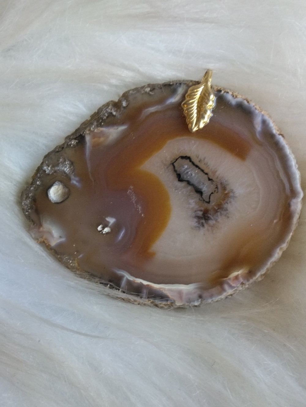 Big Amazing Polished Agate Slice Pendant with Gold Leaf Accent